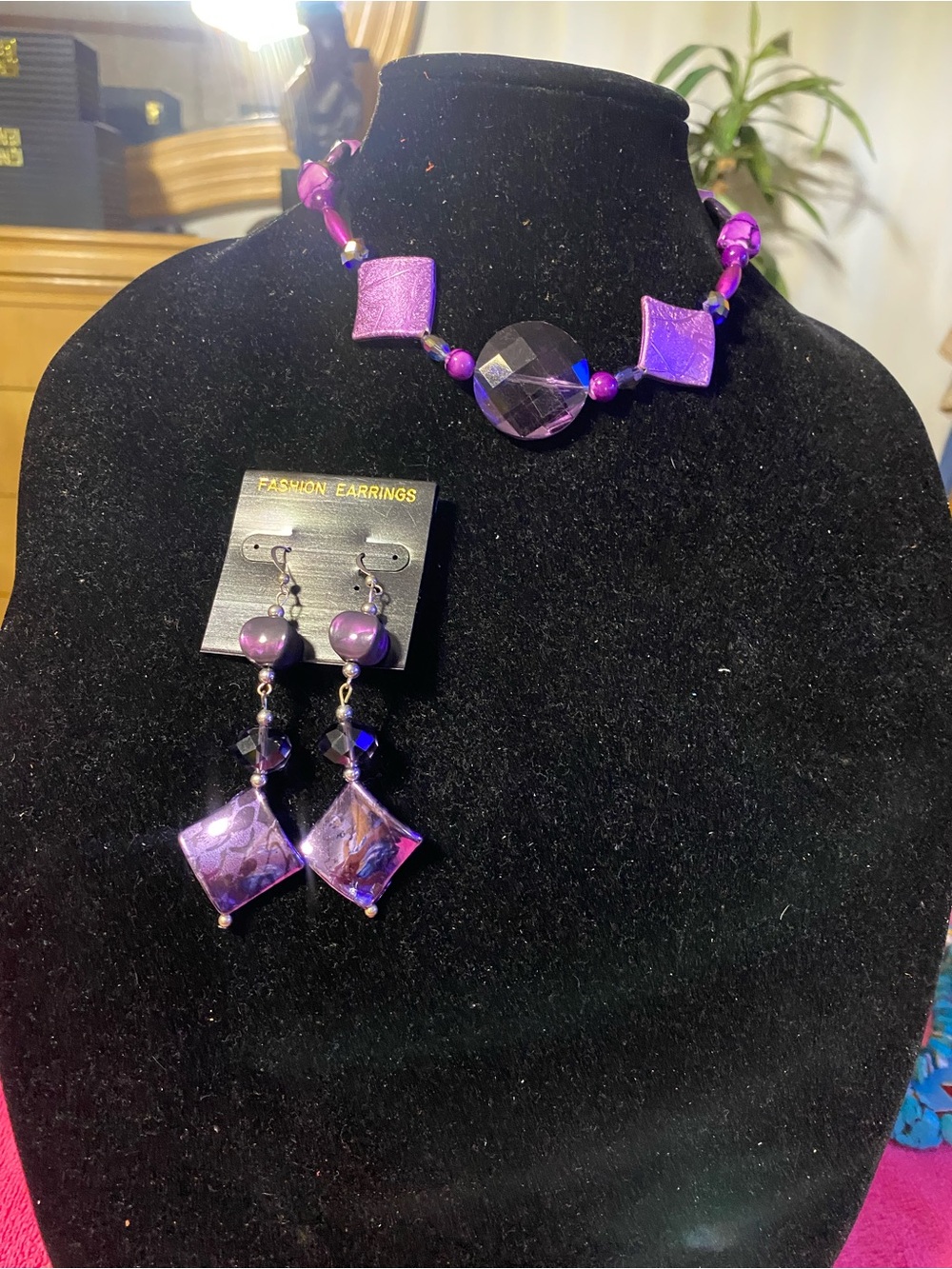 Purple Beaded Necklace and Dangle Earrings Set - Fashion Jewelry